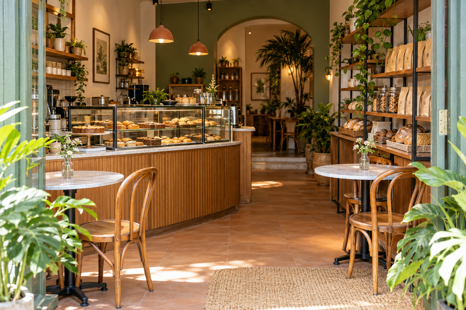 Interior ilustrativo de una cafetería, con mostrador y estantes visibles